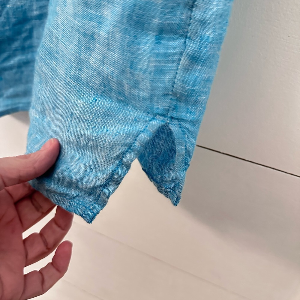 TAHARI S 100% Linen short sleeve blue camp blouse cottagecore Lagonlook coastal - Picture 5 of 10